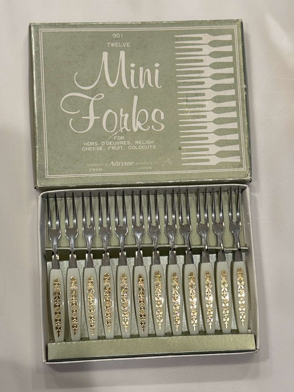 Vintage Adriane Mini Forks Set Stainless Steel Gold Foil Inlay in original box